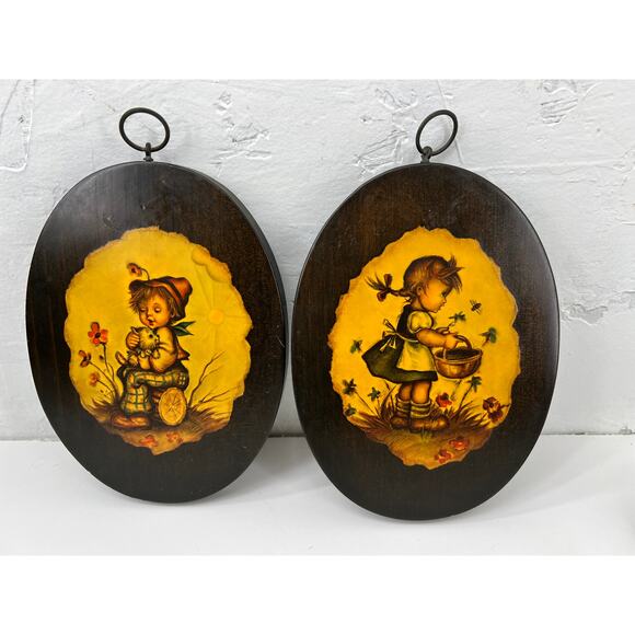 VTG. Hummel Art Boy and Girl Decoupage Plaques 2 Wood Oval Boy Cat Girl Flowers - Picture 2 of 12